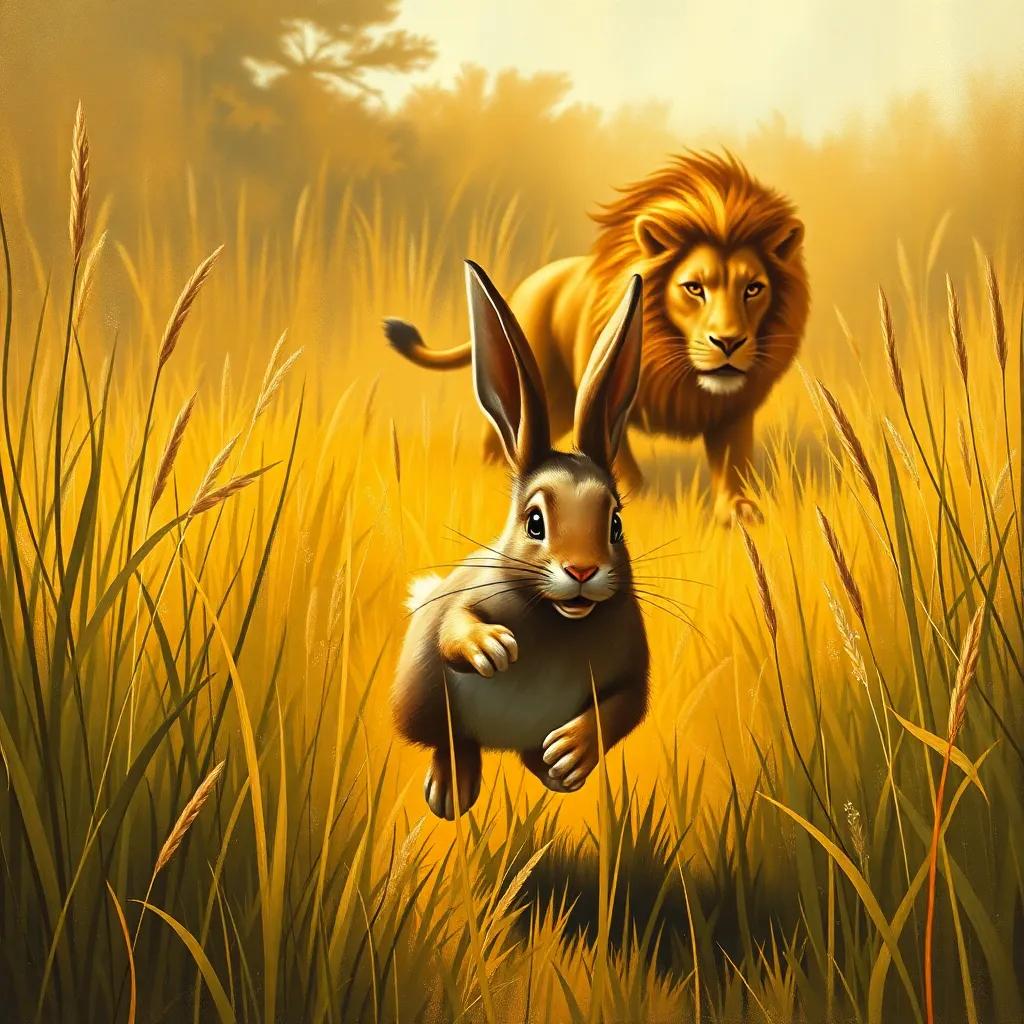 A rabbit rushing away in a field of tall grass, with a lion stealthily approaching in the background, the rabbit looking panicked, illustrated, tension-filled moment, warm light, vivid contrast