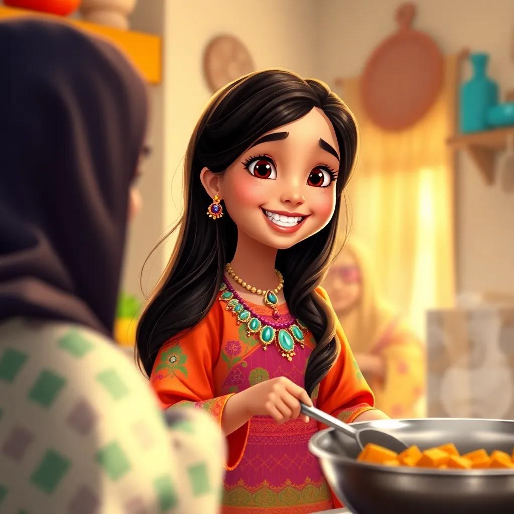 A young Omani girl, الزهراء, with long dark hair, wearing a colorful traditional Omani dress and jewelry, joyfully cooking with her mother in a sunny kitchen, joyful atmosphere, digital art, bright colors, warm light, high quality