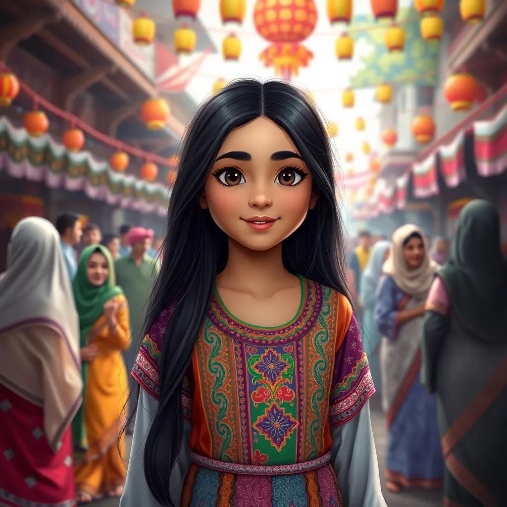 الزهرا, a young Omani girl with long dark hair in a colorful traditional Omani dress, standing in a village square with people in traditional attire, celebrating Eid, colorful decorations, warm and inviting atmosphere, cheerful community gathering, digital painting, high quality