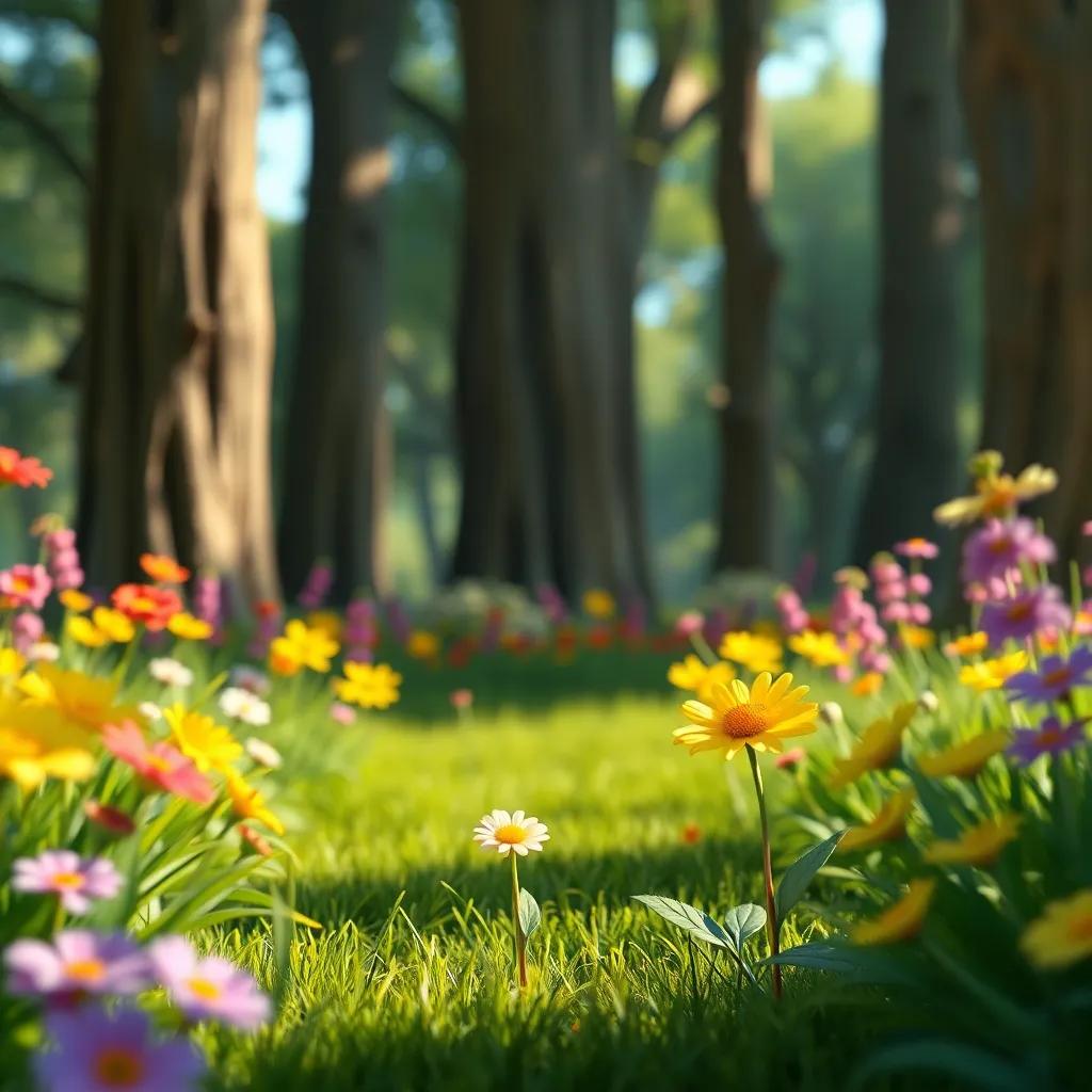 A small flower, feeling lonely in a beautiful garden, looking up at big trees surrounding her, digital art, cheerful colors, bright and inviting atmosphere, high quality