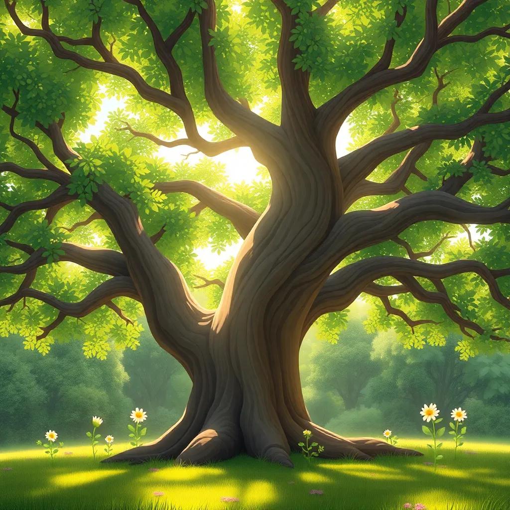 A wise tree with wide branches, gently speaking to the small flower, vibrant green leaves and warm sunlight filtering through, illustration, friendly and encouraging vibe, high quality