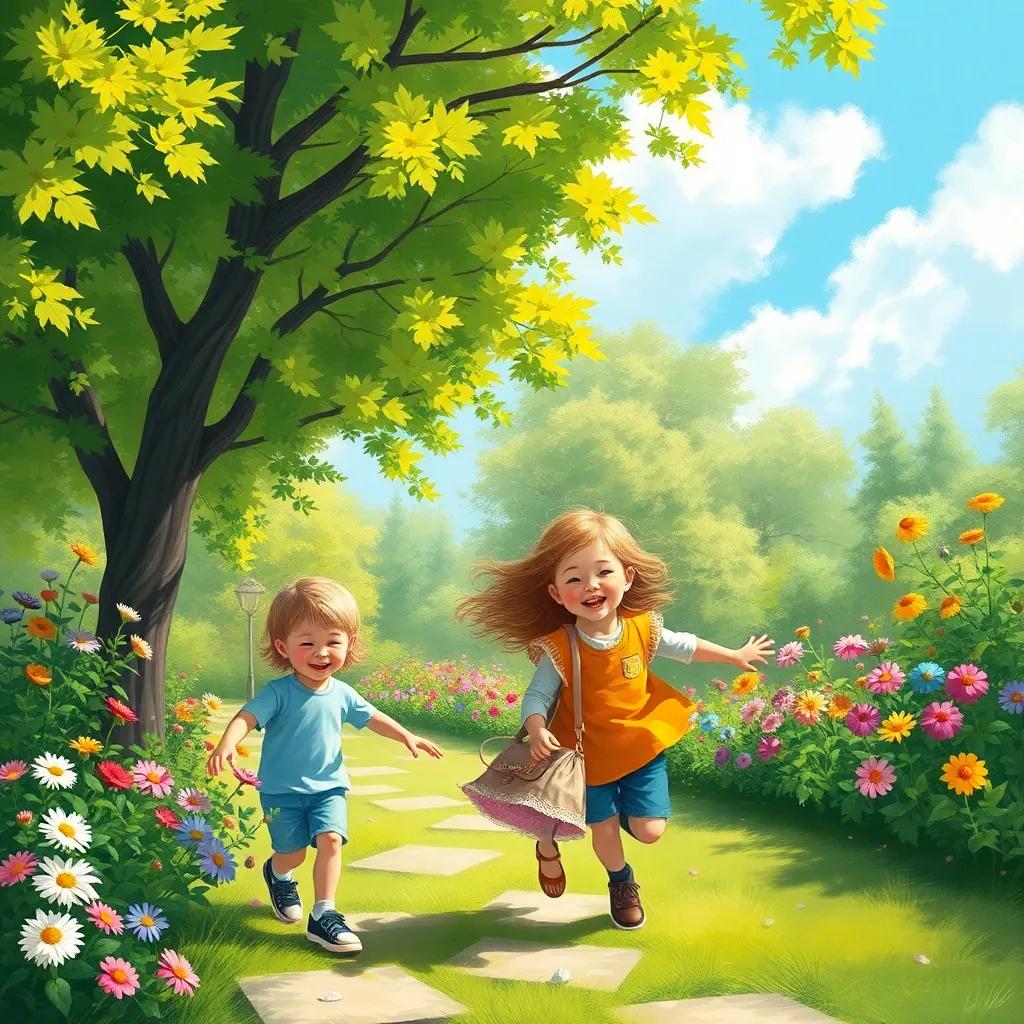 A sunny day in a small park filled with green trees and colorful flowers, with two children, a happy boy and girl, playing together with excitement, bright colors, cheerful atmosphere, digital art, detailed, inviting