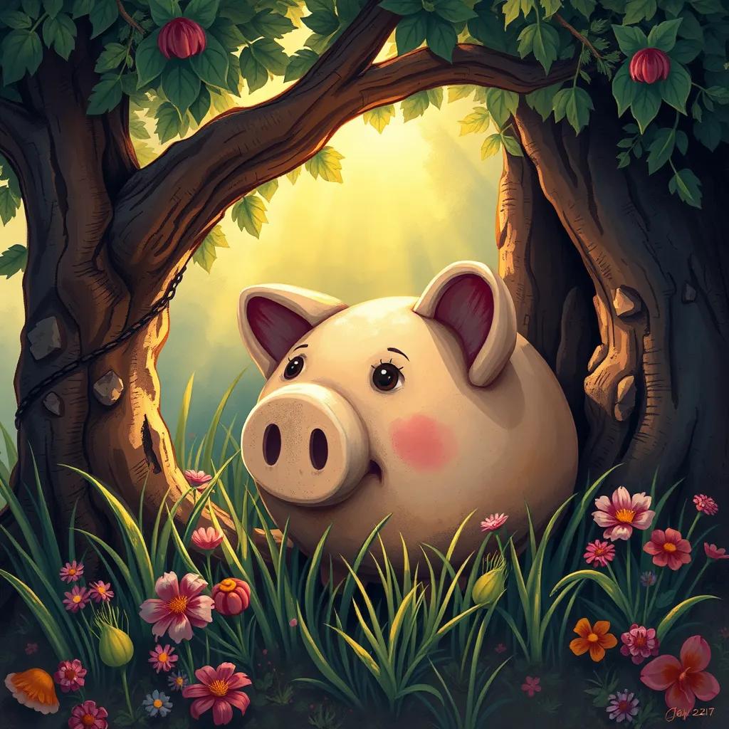A close-up of an old, colorful piggy bank hidden under a tree with rays of sun shining down, surrounded by grass and flowers, making it look magical, illustration, warm and enchanting, child-friendly, vibrant