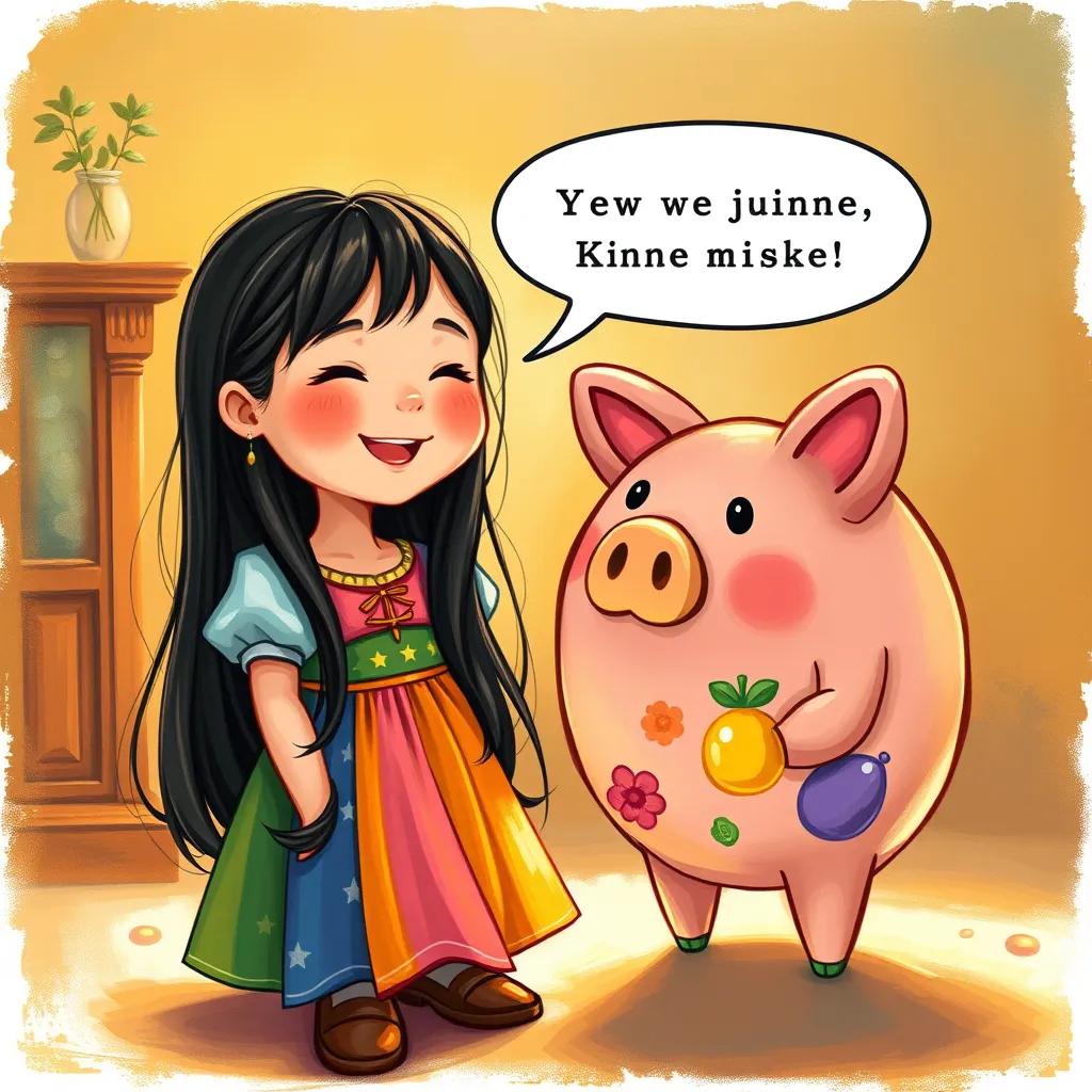 A happy girl, دنيا, with long, dark hair, wearing a colorful dress, joyfully commenting on the magical piggy bank, standing next to her friend, warm colors, bright light, child's perspective, joyful illustration