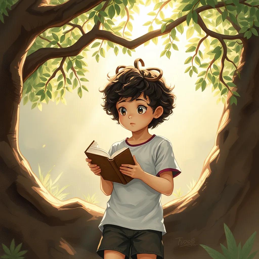 A boy, عمرو, with curly hair, wearing a t-shirt and shorts, pondering deeply while holding a small book under the tree, focused expression, warm sunlight filtering through branches, inviting atmosphere, illustration