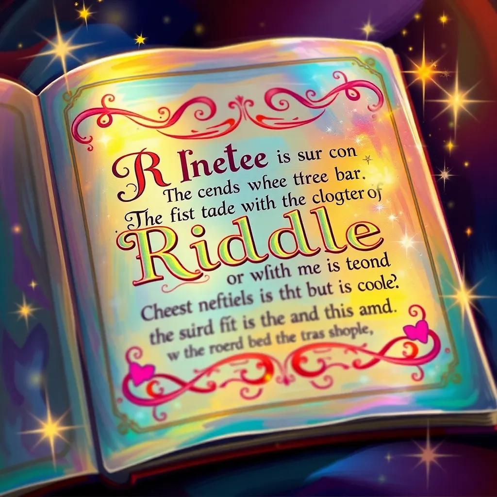 A colorful page from a book showing a riddle in beautiful calligraphy, surrounded by magical elements like stars and sparkles, enchanting design, soft lighting, vibrant and cheerful
