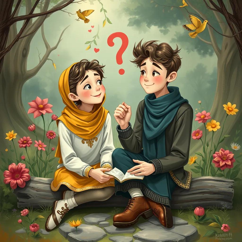 A thoughtful scene of عمرو and دنيا sitting together, looking at each other with excitement as they solve the riddle, surrounded by a whimsical background of nature, friendly and inviting, digital art, cute