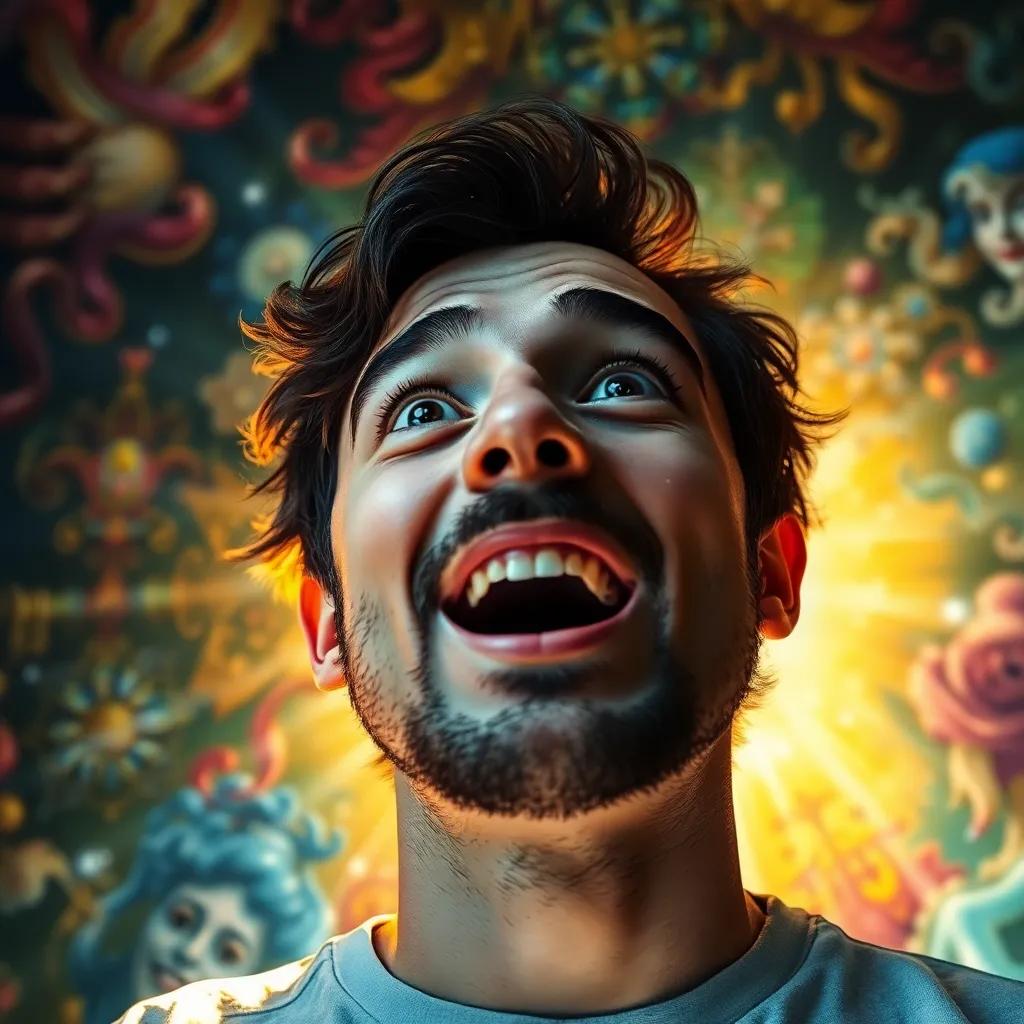 A close-up of عمرو excitedly discovering the answer, shining beams of light around him, with colorful background elements representing imagination, soft focus, vibrant