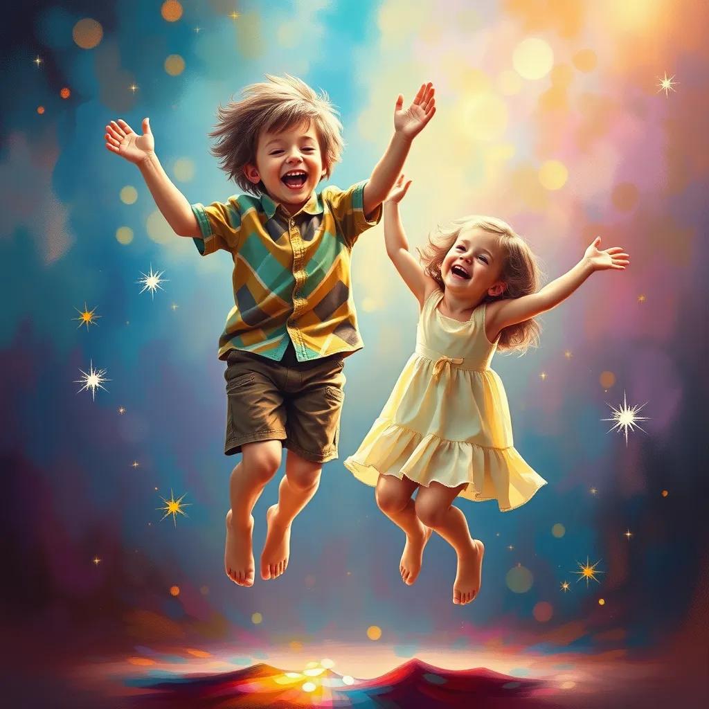 A joyful moment of both children jumping up and down happily, with sparkling lights around them as they realize the answer to the riddle, colorful, uplifting, child-friendly