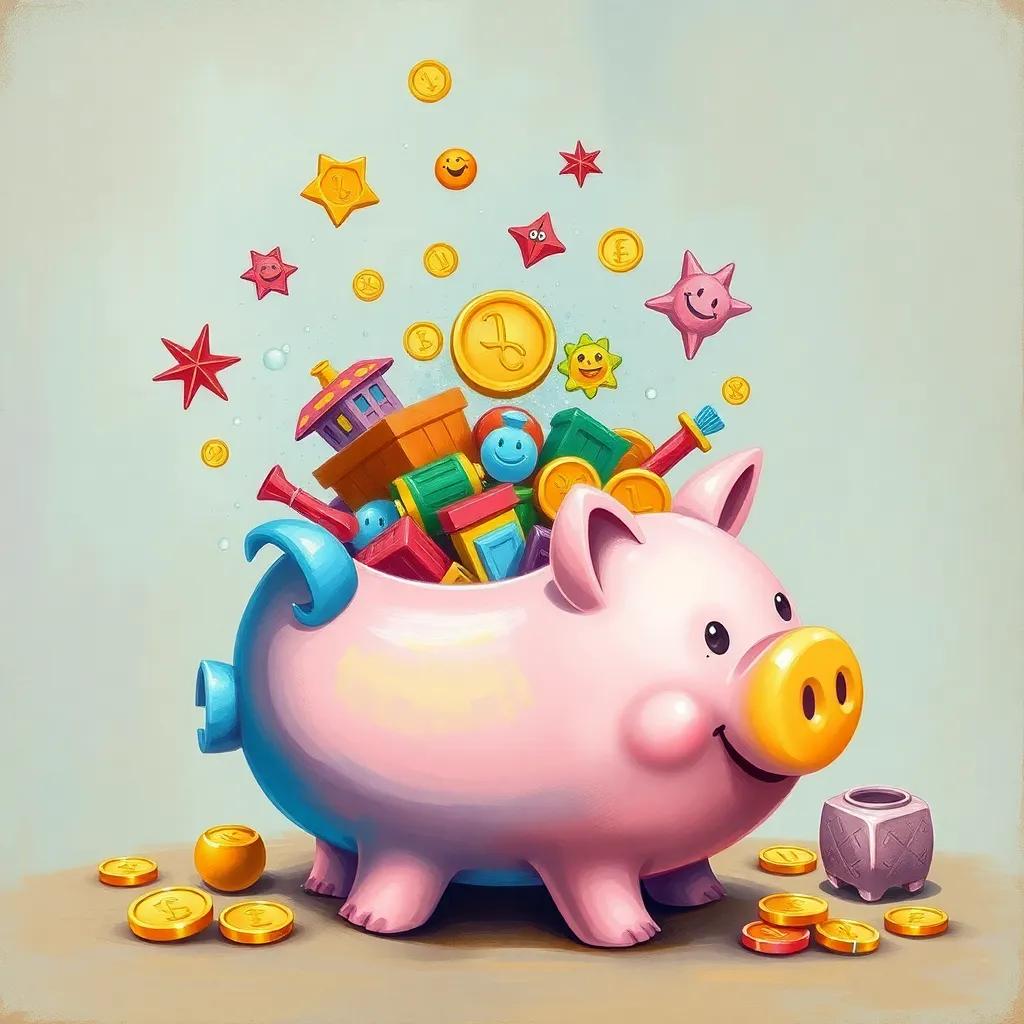 A whimsical illustration showing the magical piggy bank bursting with colorful surprises like toys and smiles instead of coins, bright, cartoonish, inviting