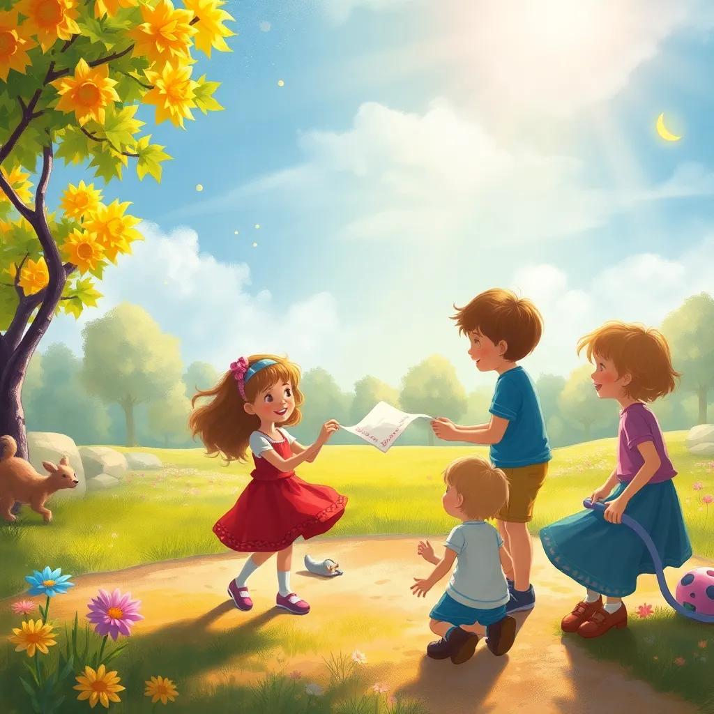 A shining playground scene in the park where the children share their wishes with their friends, laughter and joy filling the atmosphere, bright and colorful, heartwarming illustration