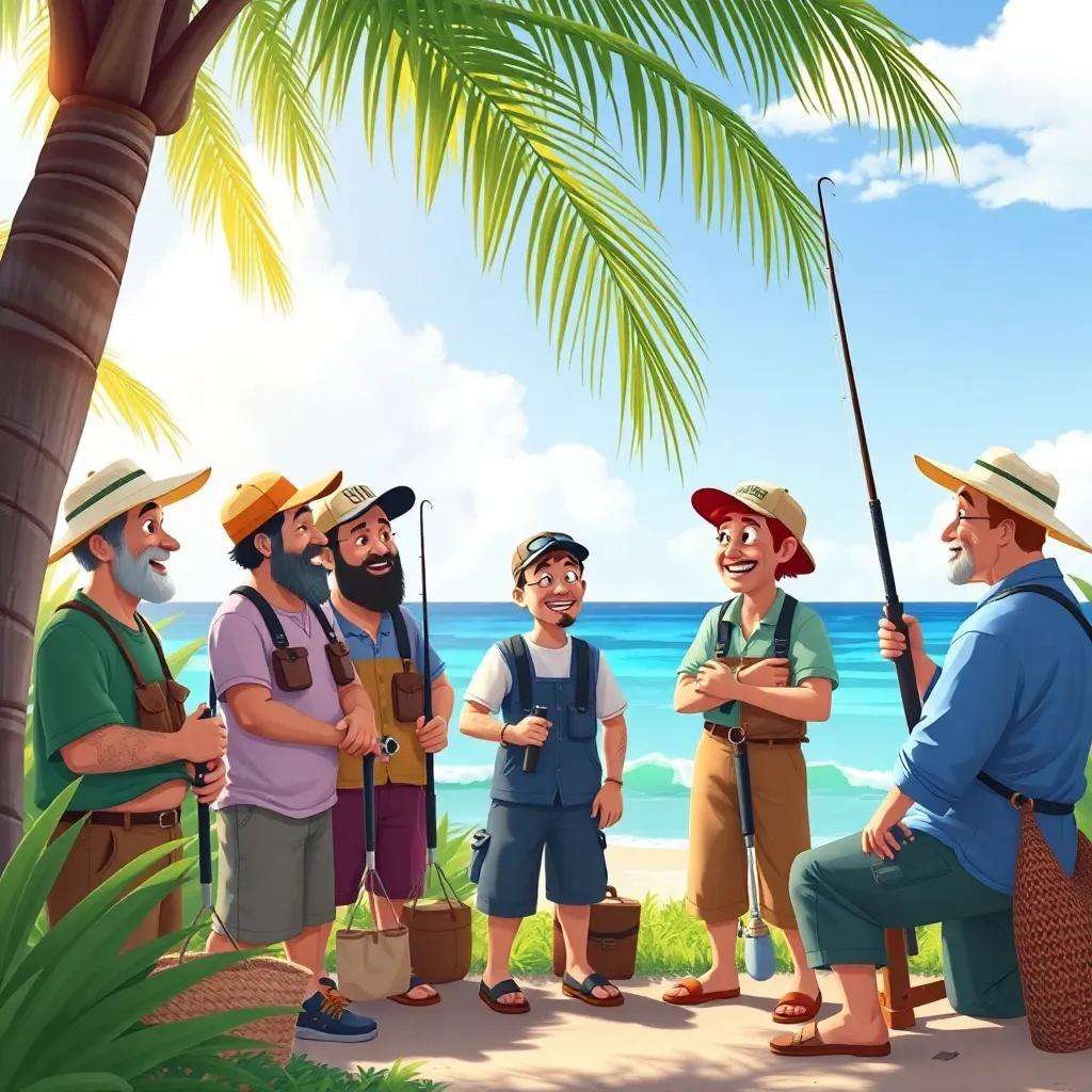 A group of friendly fishermen chatting under the shade of palm trees, smiling and laughing while holding fishing gear, surrounded by lush greenery and a beautiful ocean view, illustration, lively and warm, community vibe, high quality