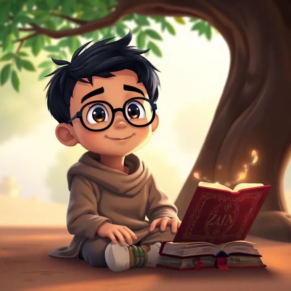 A small boy named Zain, an Arab child with short black hair, wearing simple clothes and glasses, sitting under a tree, looking cheerful and thoughtful, with a magic book beside him, digital art, bright colors, warm atmosphere, happy perspective, high quality