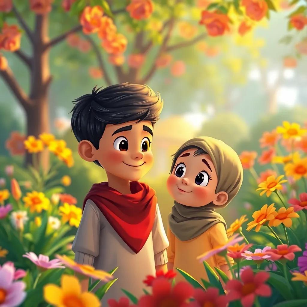Zain, a small Arab boy, listening to his friend Maryam with curiosity, in a colorful park setting, surrounded by flowers, cheerful faces, warm light, illustration, vibrant colors, engaging viewpoint, friendly