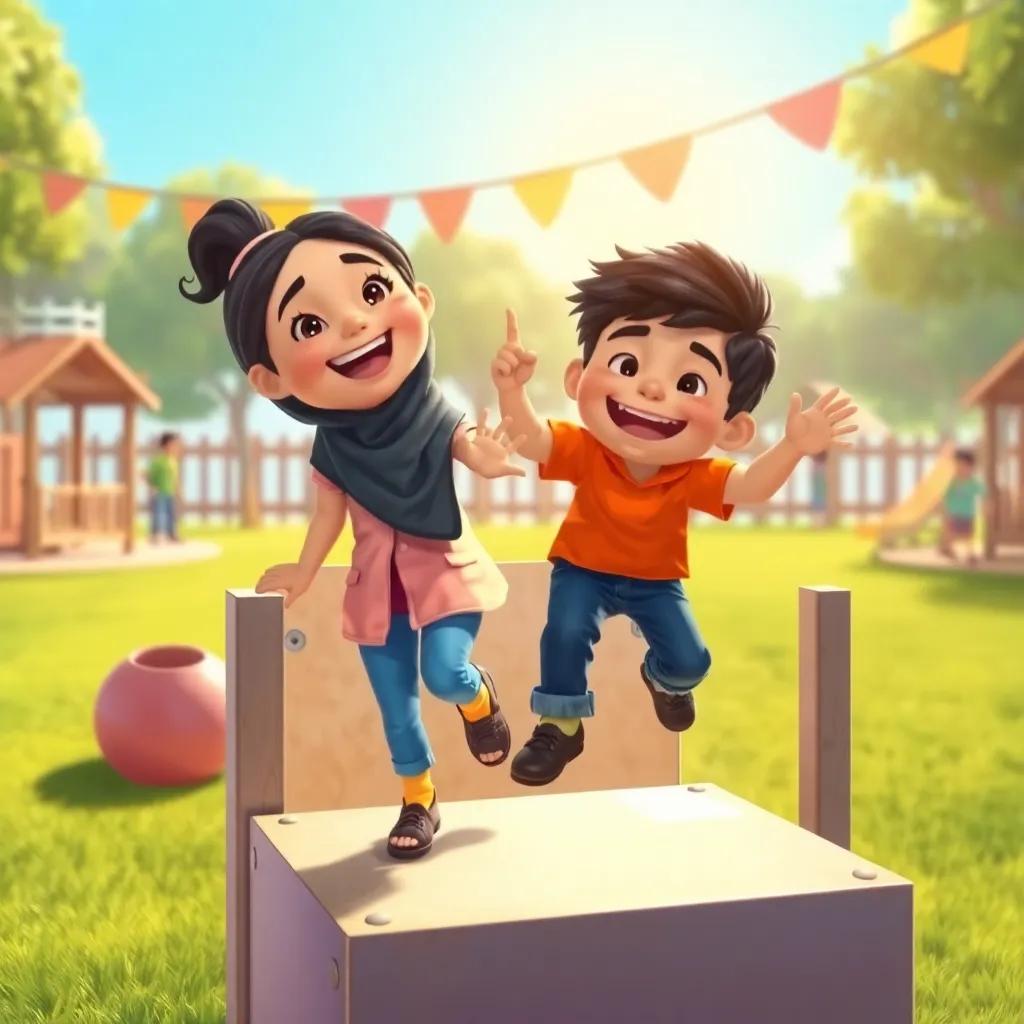 Maryam, now happy and confident, stepping out of the box with a big smile, and Zain cheering her on, in a lively playground, bright sunlight, joyful energy, colorful, uplifting scene, digital illustration, heartwarming quality