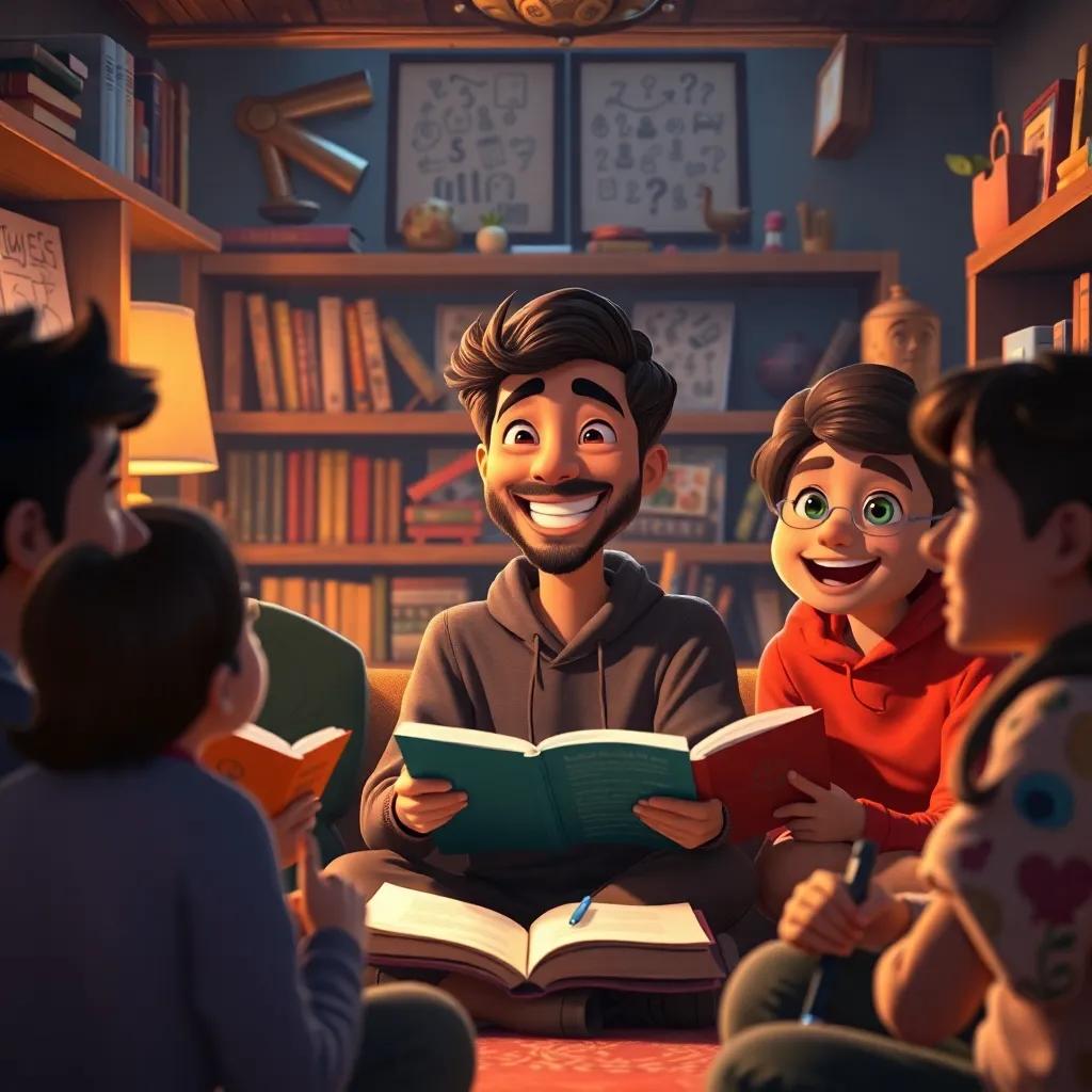 Zain, with a big smile, surrounded by friends listening to him happily sharing ideas, in a cozy room filled with books and drawings, warm lighting, inviting atmosphere, digital art, detailed, vibrant, inspirational