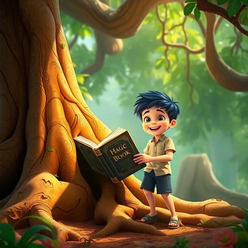 A young boy, Sami, with short black hair, wearing a simple shirt and shorts, joyfully discovering an old magic book hidden among the roots of a giant tree, vibrant colors, lively atmosphere, cheerful mood, high quality