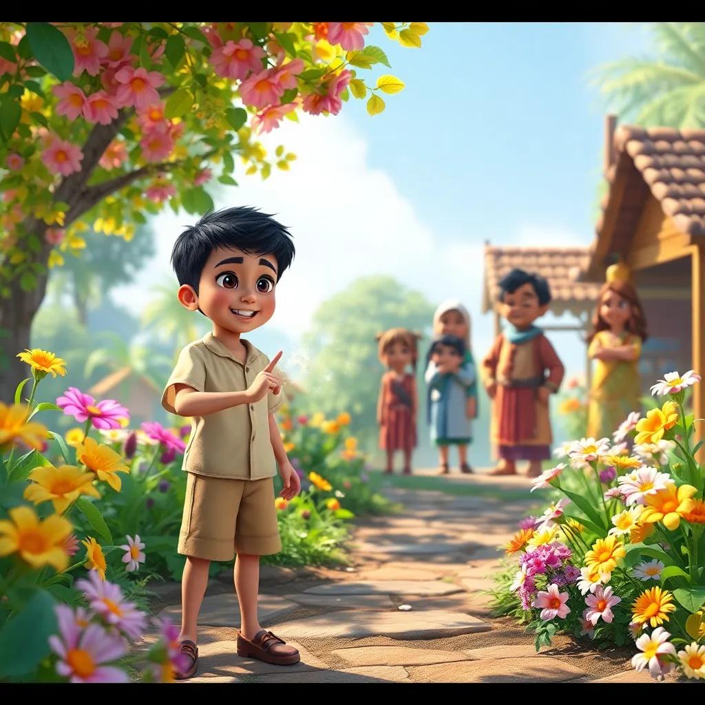 Sami, a young boy with short black hair in a simple shirt and shorts, using a magic spell to make a garden colorful with blooming flowers, villagers looking surprised and joyful, joyful ambiance, bright colors, storytelling perspective