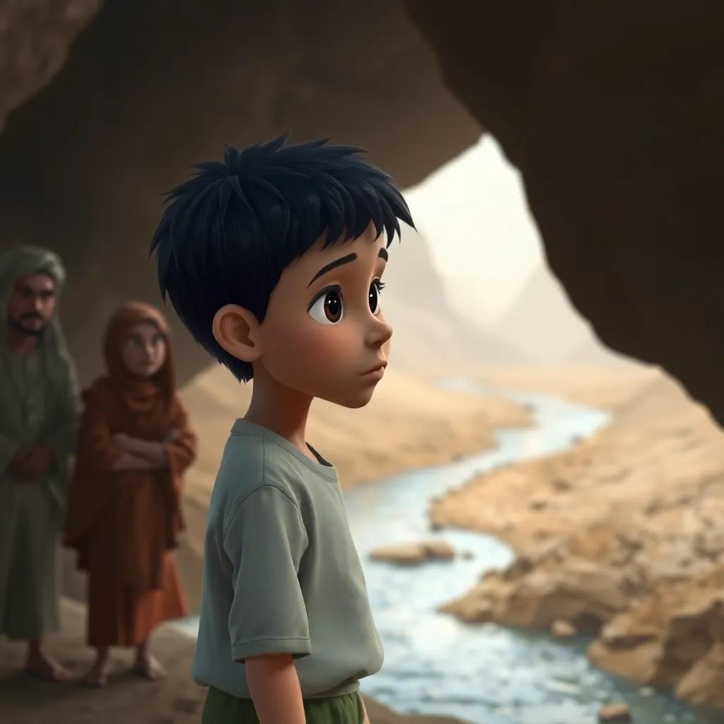 Sami, a young boy with short black hair in a simple shirt and shorts, gazing thoughtfully at a dry river, villagers looking worried, muted colors, serious atmosphere, narrative scene