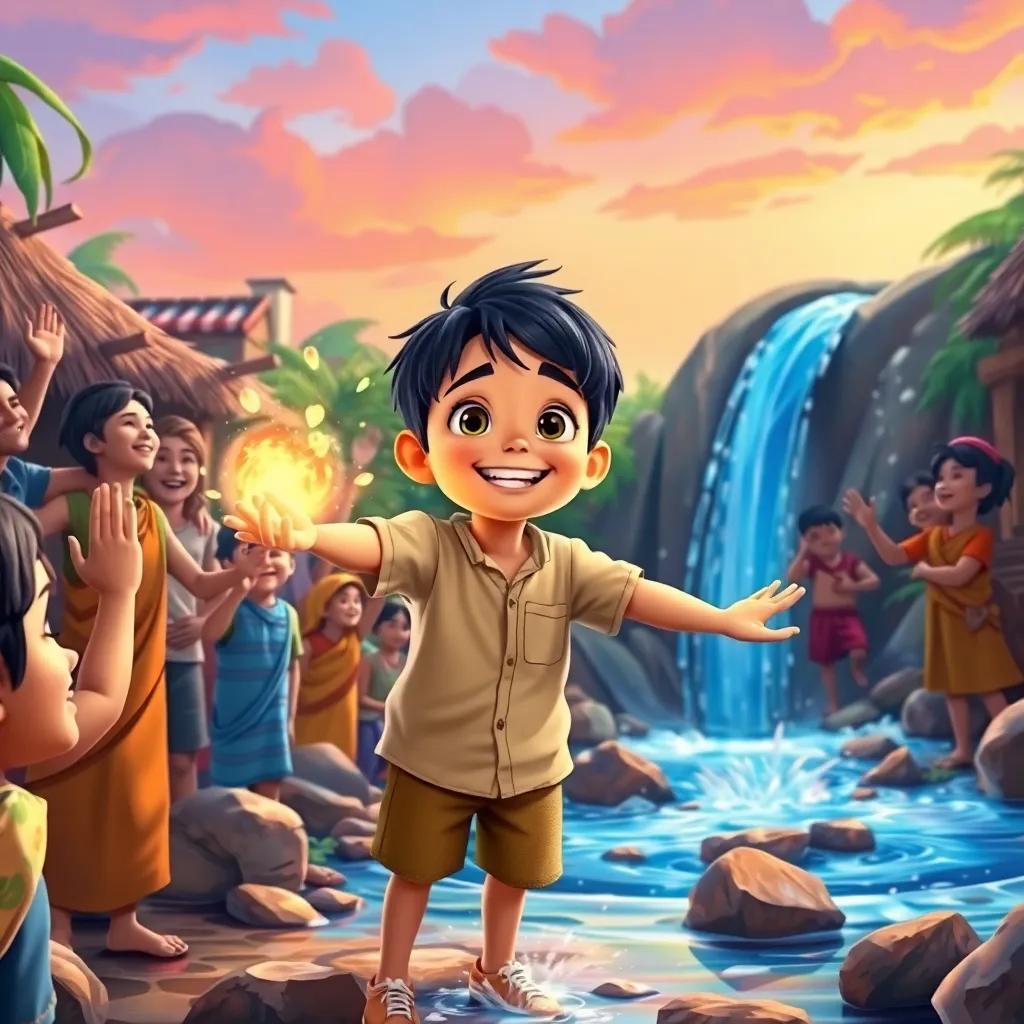 Sami, a young boy with short black hair in a simple shirt and shorts, smiling as he casts a spell to make the river flow again, villagers rejoicing and celebrating, vibrant colors, uplifting scene, community spirit