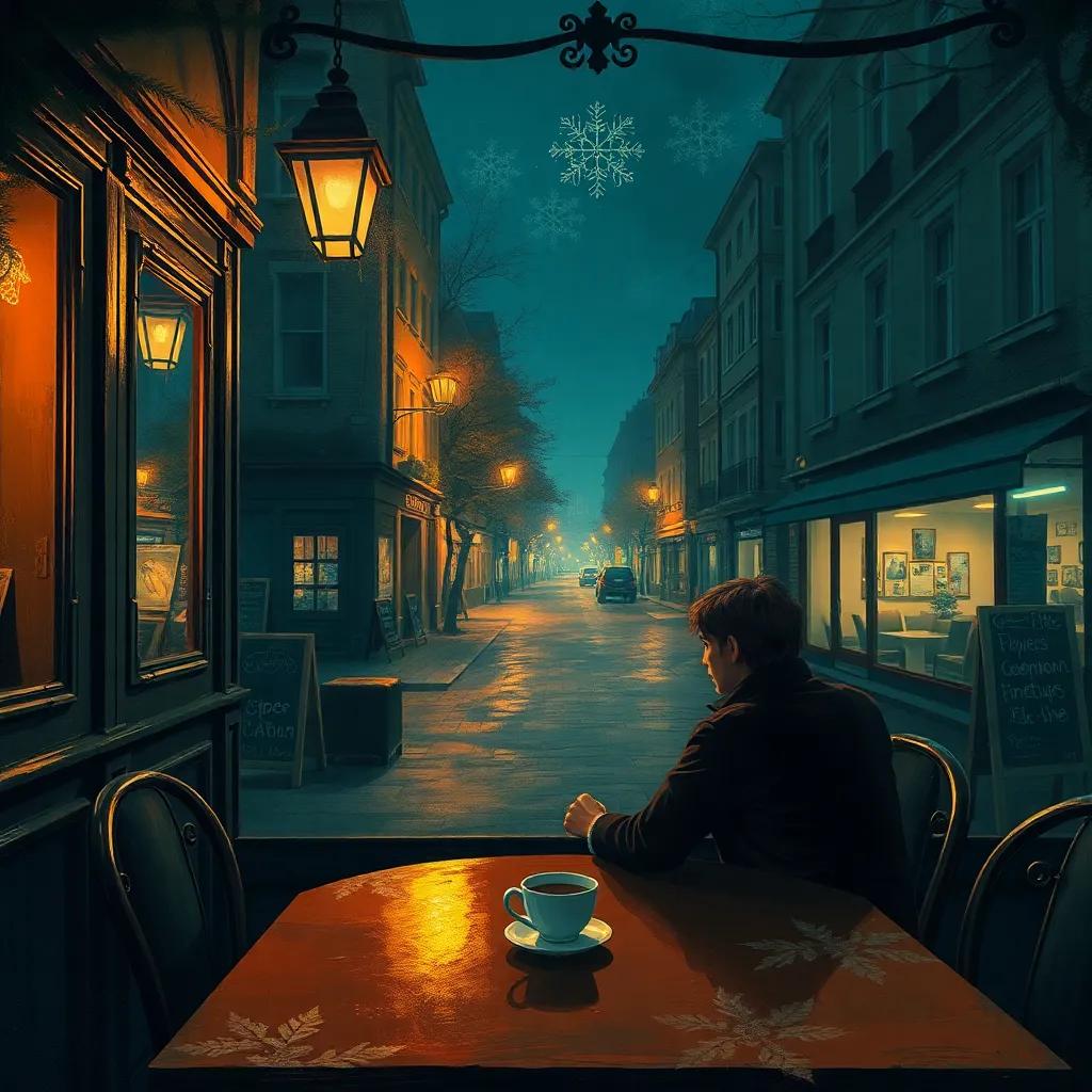 A cold autumn night in an old café, Idris sitting alone at a table with a cup of coffee, watching an empty street, warm light, cozy atmosphere, storytelling view