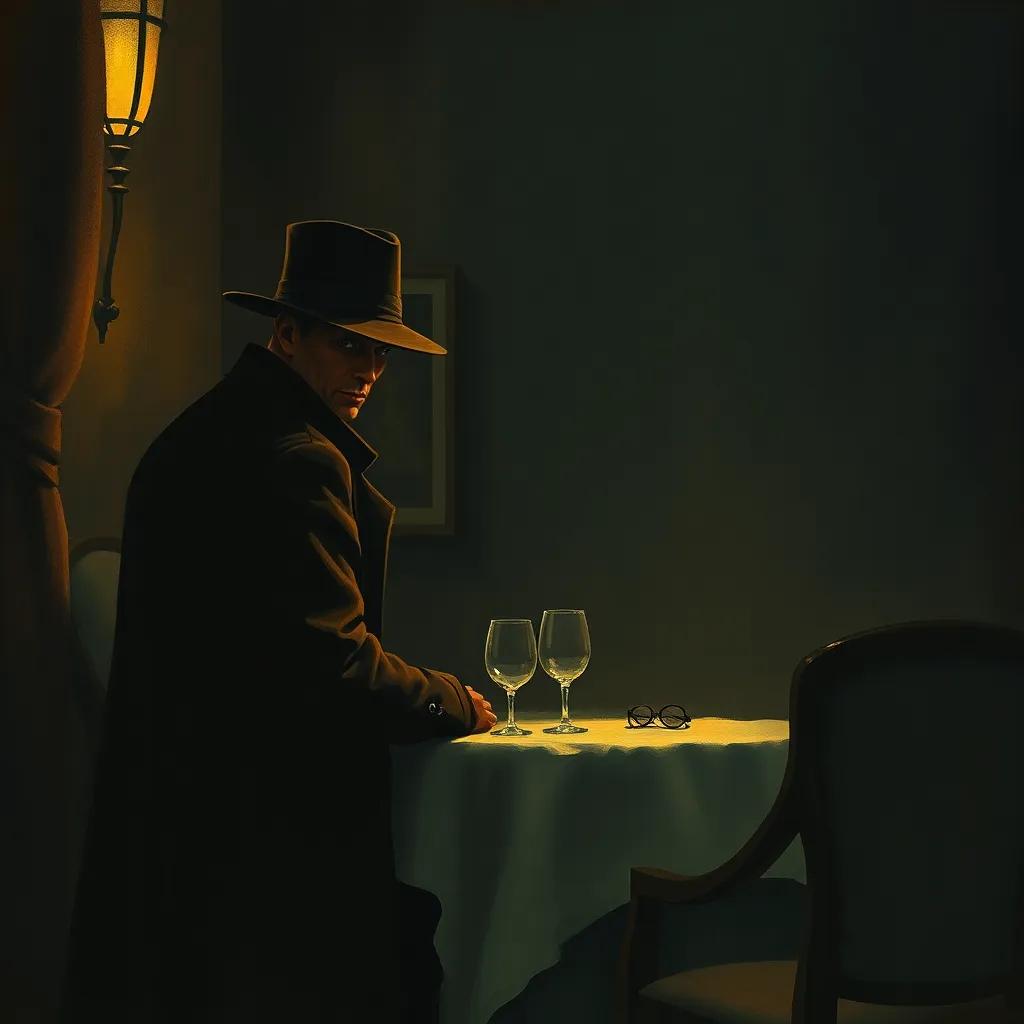 A mysterious man in a long coat and hat sitting across from Idris, staring with a hidden face, dim café lighting, suspenseful atmosphere, illustration, intriguing angle