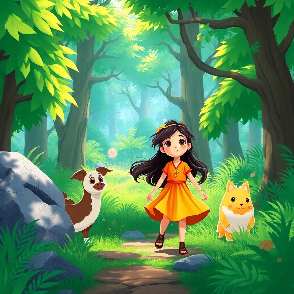 A brave girl named العميرة, with long hair and a bright dress, exploring a lush green forest with her friends, bright colors, adventure theme, cheerful atmosphere, illustration, high quality