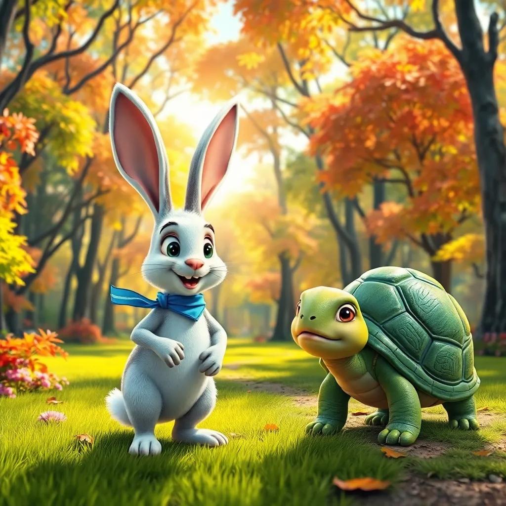 A beautiful forest with colorful trees, a proud rabbit with white fur and long ears, wearing a small blue scarf, getting ready for a race against a slow turtle, who has a green shell and looks determined, bright sunlight filtering through the leaves, digital art, vibrant colors, cheerful atmosphere, high-quality