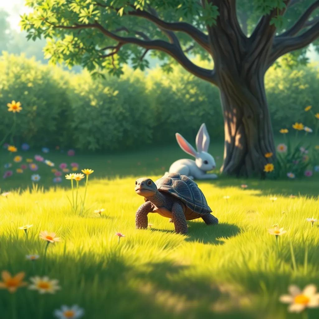 A tortoise slowly walking determinedly towards the finish line, with a rabbit sleeping under a tree in the background, bright green grass and colorful wildflowers surrounding them, digital painting, soft light, inviting scene, high-quality