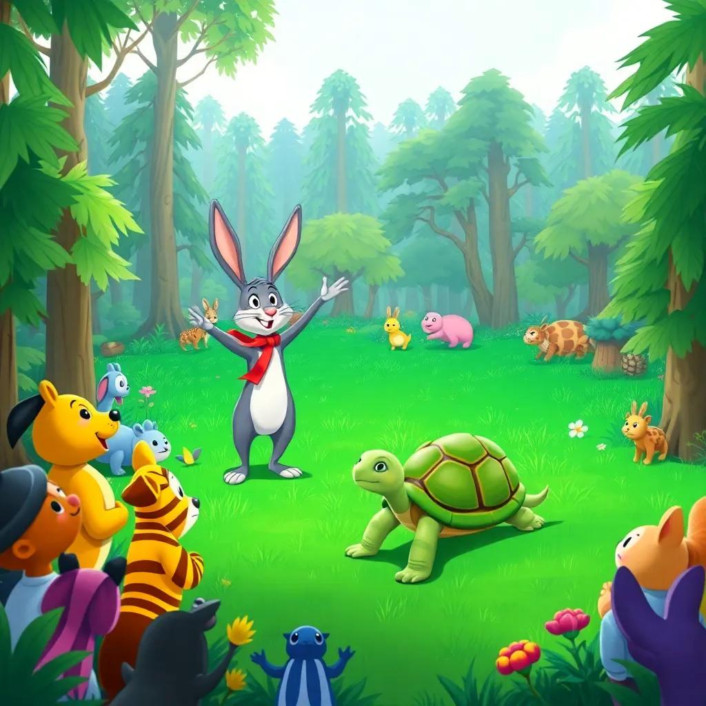A green forest with various animals gathered around to watch a race, an excited rabbit standing tall, wearing a red ribbon, and a calm tortoise ready to race, colorful, cheerful atmosphere, illustration, vibrant colors, joyful scenery, high quality