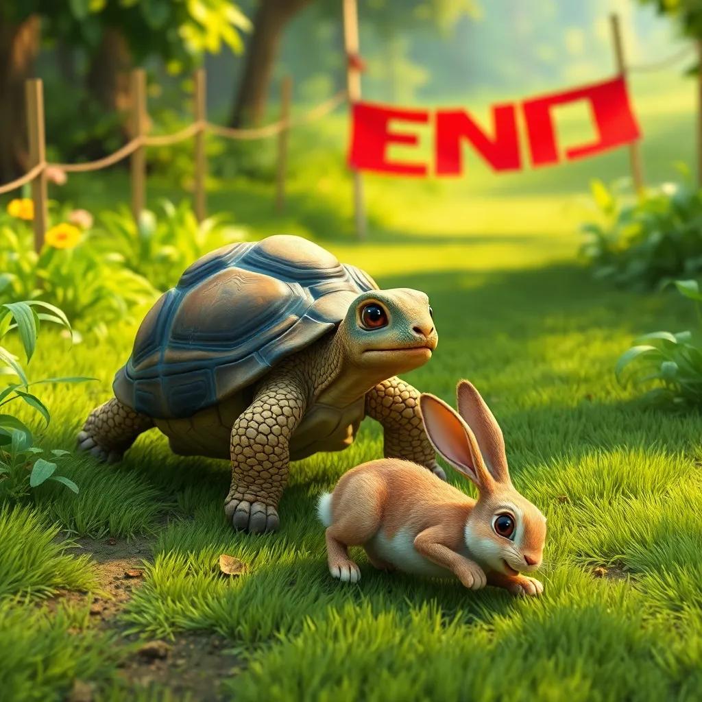 A tortoise steadily moving towards the finish line, while a rabbit stumbles and falls on the ground, lush greenery around them, detailed digital art, bright colors, engaging and uplifting, storytelling view, high quality