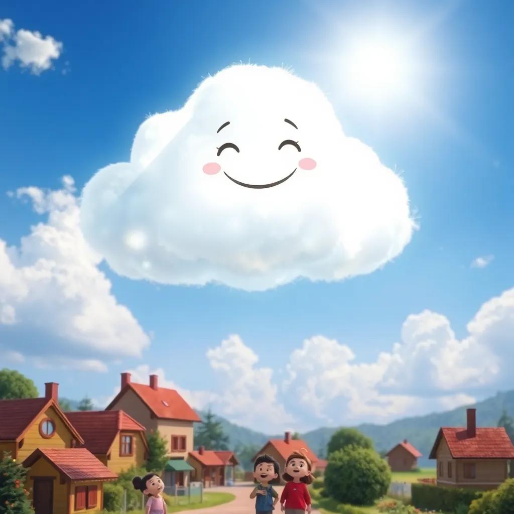 A special cloud, known as the Kind Cloud, shining brightly in the sky, smiling and radiating a white glow, above a small village with happy children looking up, digital art, vibrant colors, cheerful atmosphere, high quality