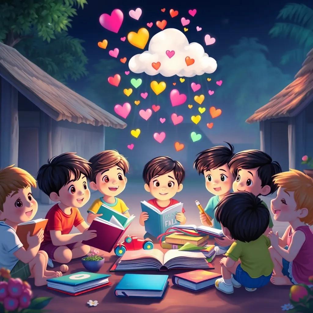 Children in a village gathering around colorful books and toys, excitement in their eyes as they share ideas, the Kind Cloud appearing in the background raining colorful hearts and flowers, illustration, warm light, inviting scene, storytelling view