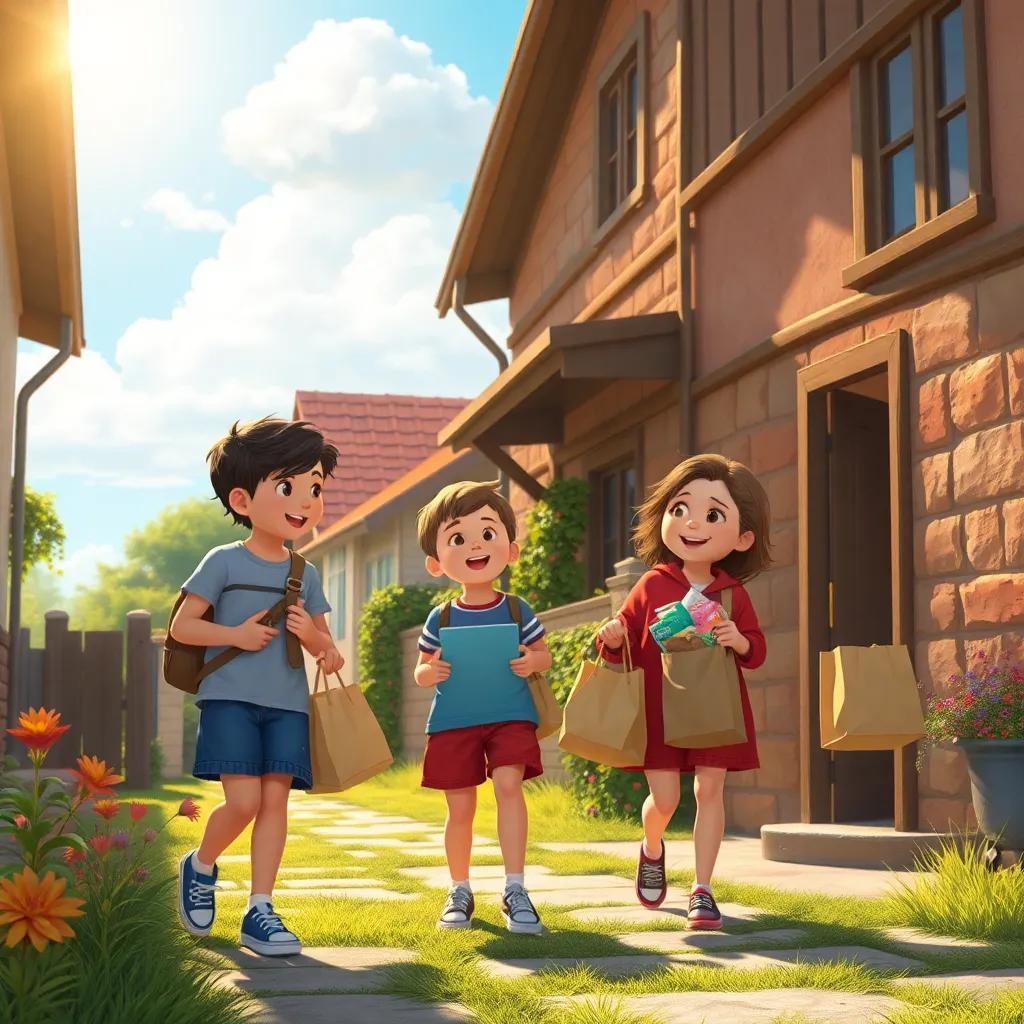 Children happily helping elderly neighbors in the village, carrying bags of groceries and offering kind gestures, warm sunlight shining down, with the Kind Cloud watching over them in the sky, digital painting, uplifting, community spirit, heartwarming