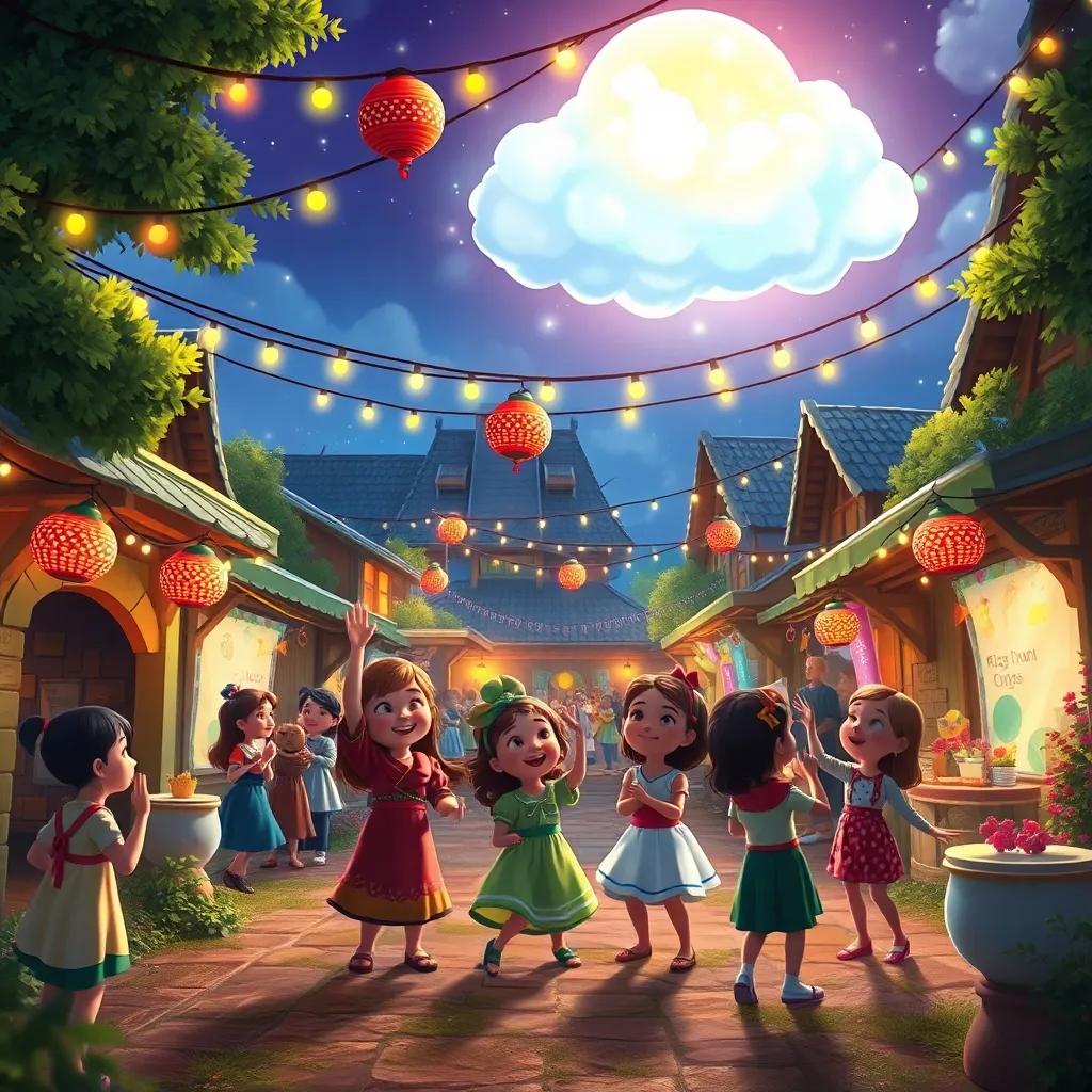 A lively village celebration with strings of lights and decorations, children dancing and singing, the Kind Cloud glowing above, filling the atmosphere with joy, colorful, vibrant scene, fantasy-themed, magical moments
