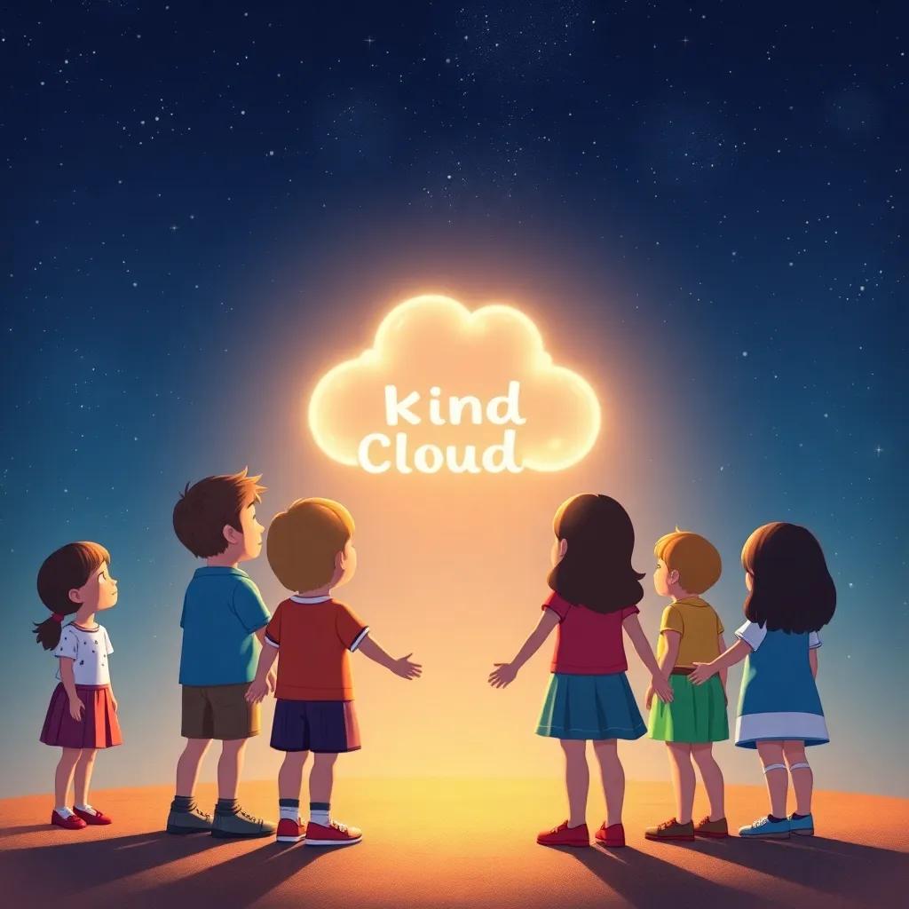 Children promising the Kind Cloud to continue spreading kindness, standing in a circle holding hands, surrounded by a starry night sky with the glowing Kind Cloud above, heartwarming, rich colors, hopeful imagery
