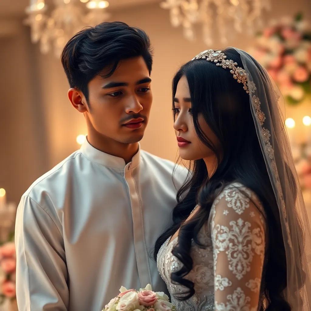 A young man, Ahmed, with black hair wearing a traditional white thobe, standing next to a sad young woman, Aisha, with long black hair wearing a beautiful wedding dress, in a softly lit wedding hall with flowers, digital art, warm colors, emotional atmosphere, close-up view