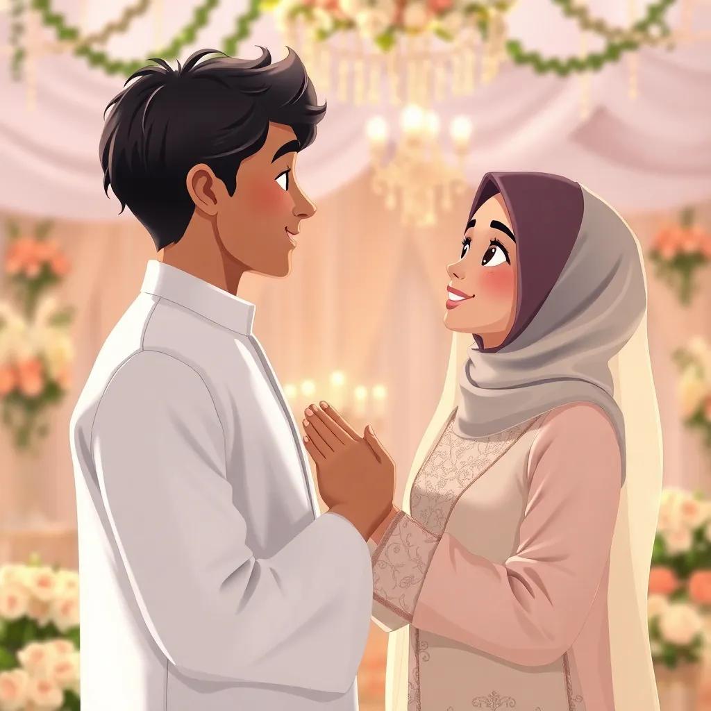 Ahmed, a young man with black hair in a white thobe, gently holding Aisha's hand, as she looks up at him with gratitude and a small smile, surrounded by decorations of a wedding, illustration, kind and hopeful, family-oriented spirit