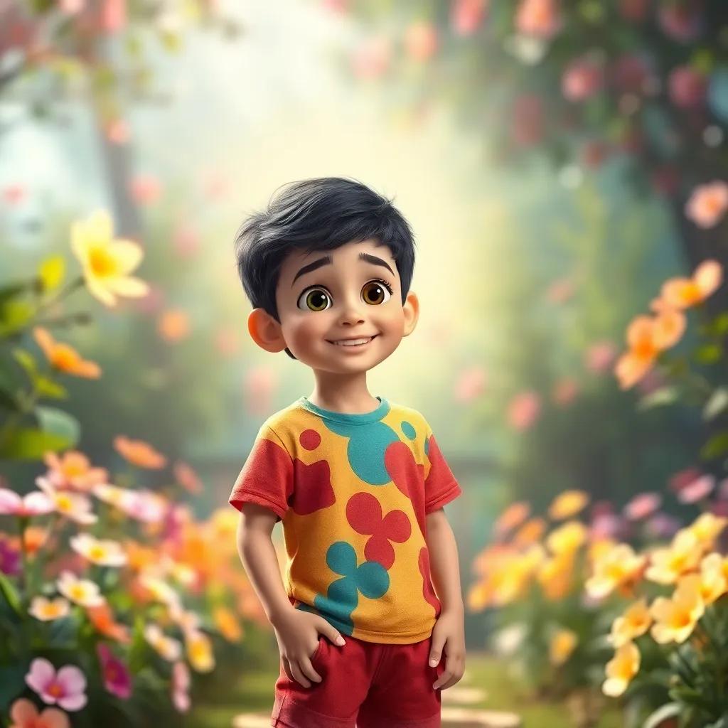 A young Arab boy, Sami, with short black hair, wearing a colorful t-shirt and shorts, standing in a beautiful garden with bright flowers and a shimmering light around him, excitement in his eyes, digital art, magical atmosphere, colorful, high quality