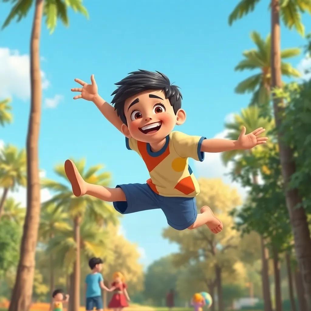 A young Arab boy, Sami, with short black hair, wearing a colorful t-shirt and shorts, flying joyfully above tall trees, looking down at his friends playing in the park, digital painting, uplifting colors, cheerful mood, high quality