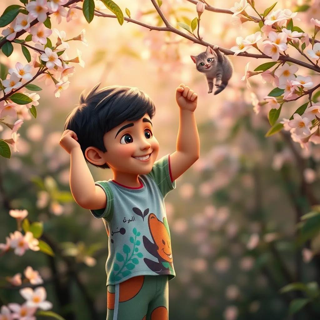 A young Arab boy, Sami, with short black hair, wearing a colorful t-shirt and shorts, gently rescuing a small cat stuck on a high branch, both smiling, surrounded by blooming flowers, warm light, friendly atmosphere, high quality