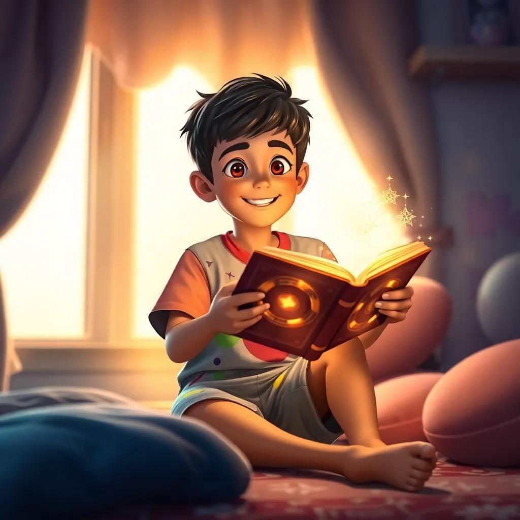 A young Arab boy, Sami, with short black hair, wearing a colorful t-shirt and shorts, sitting in his cozy room, holding a glowing magical book, filled with joy and dreams of new adventures, light streaming through the window, inviting and magical, high quality