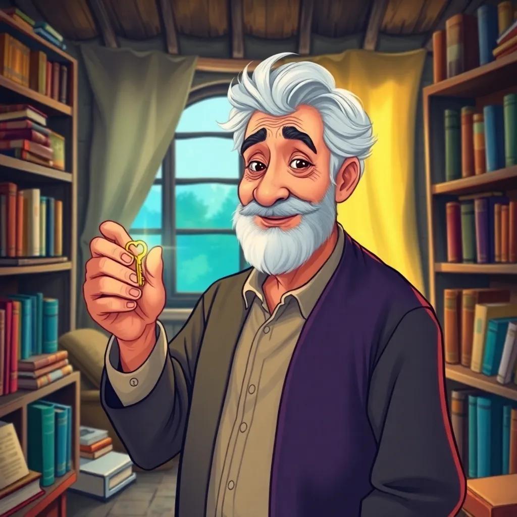 An elderly Arab man, Samer's grandfather, with gray hair and a warm smile, holding a shiny key in his hand, standing in a cozy room filled with books and memories, ready to share a secret, illustration, vibrant colors, heartwarming scene, high quality