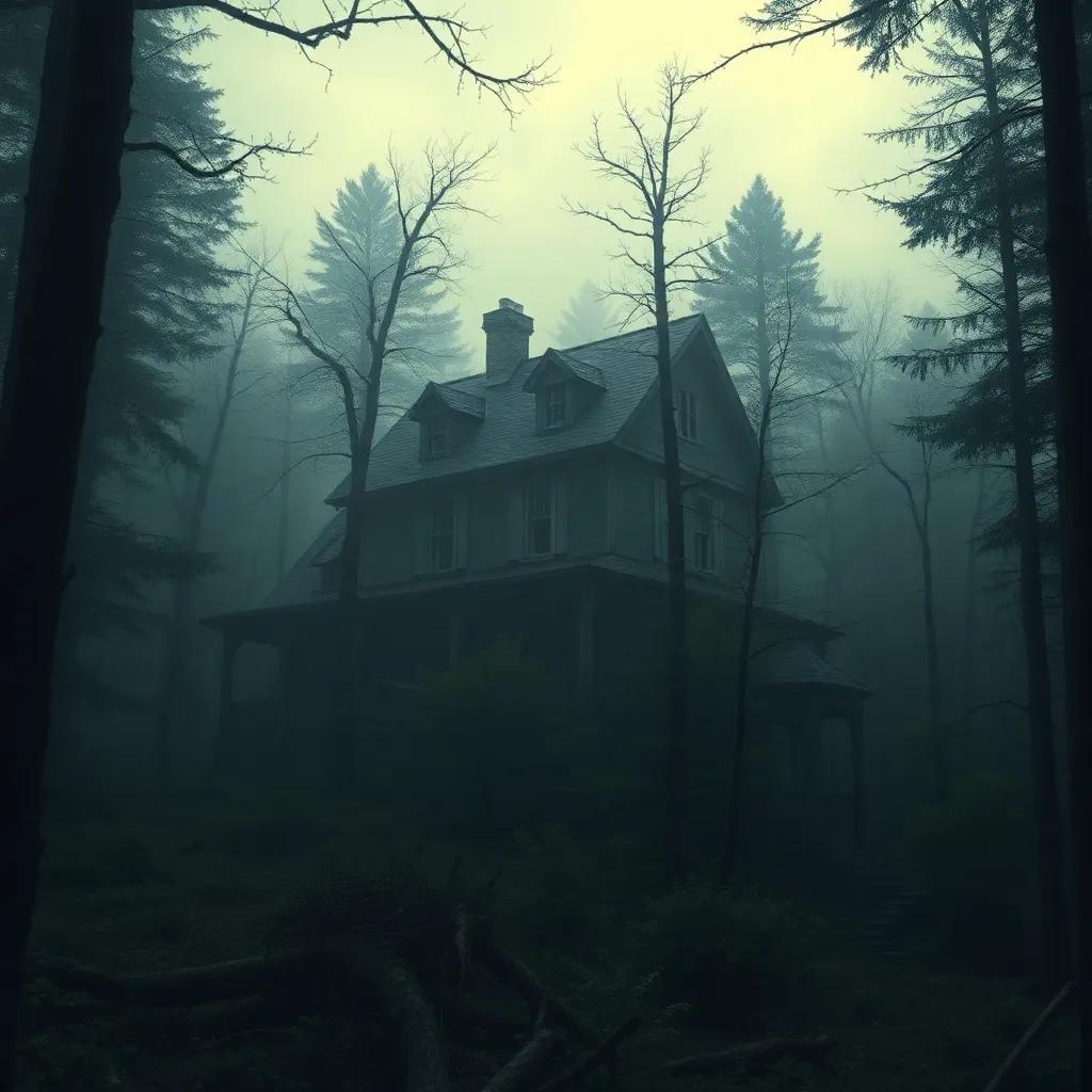 A dense forest with an old haunted house in the center, mist surrounding the trees, eerie atmosphere, twilight lighting, dark greens and browns, mysterious perspective, frightful setting, high quality