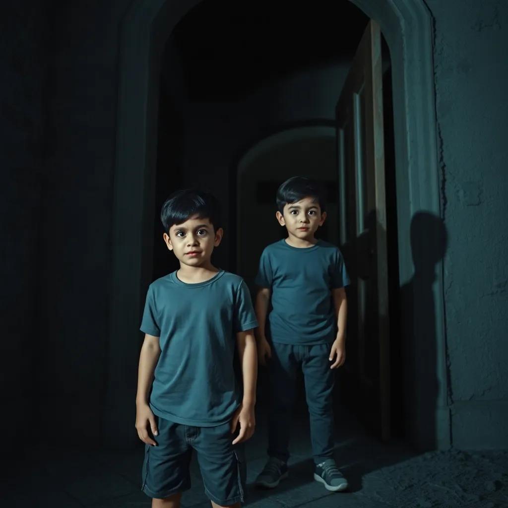 Two boys, Ahmad and Samer, looking frightened yet curious, standing at the entrance of the old house, wearing casual clothes, nervous expressions, shadows looming around, eerie ambiance, digital art, detailed, engaging atmosphere.
