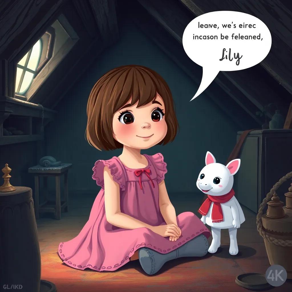 A little girl, Emily, with short brown hair wearing a pink dress, sitting in a dusty attic, smiling and talking to an imaginary friend named Lily, a dimly lit room, vintage decor, whimsical atmosphere, child-friendly, digital painting, colorful, engaging