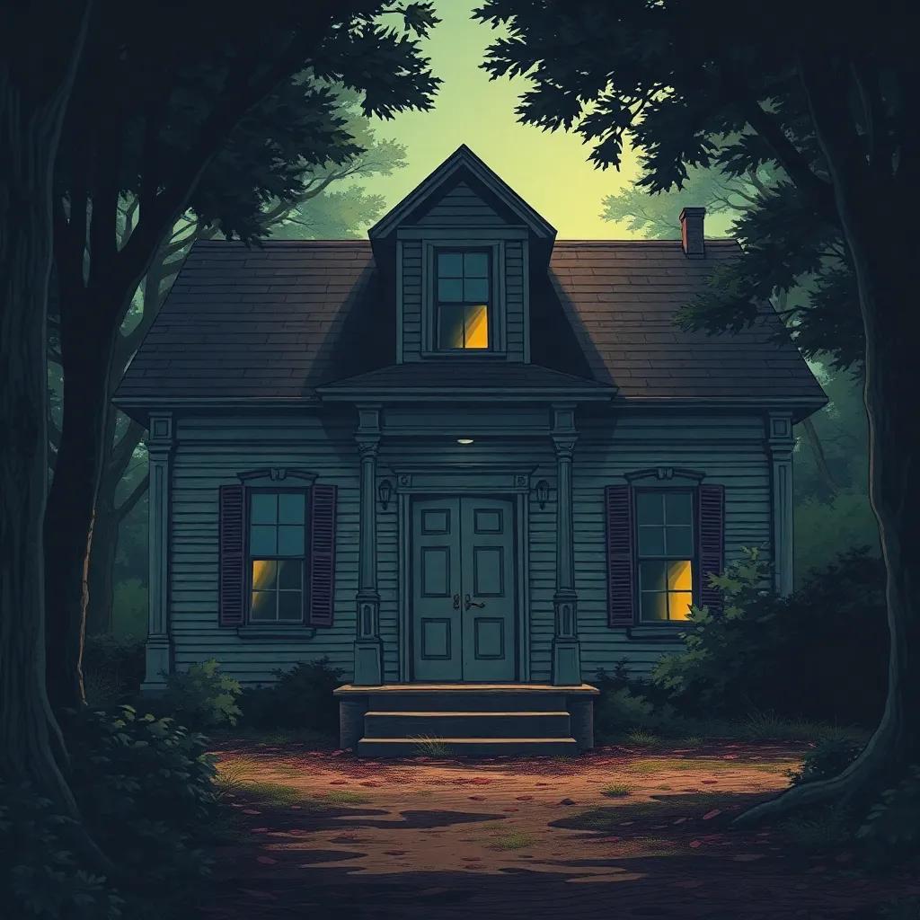 A spooky old house in Elinwood, Georgia with closed doors and windows, shadows flickering in the light, a sense of mystery surrounds it, daytime, detailed illustration, thick trees around, intriguing and eerie vibe, high quality