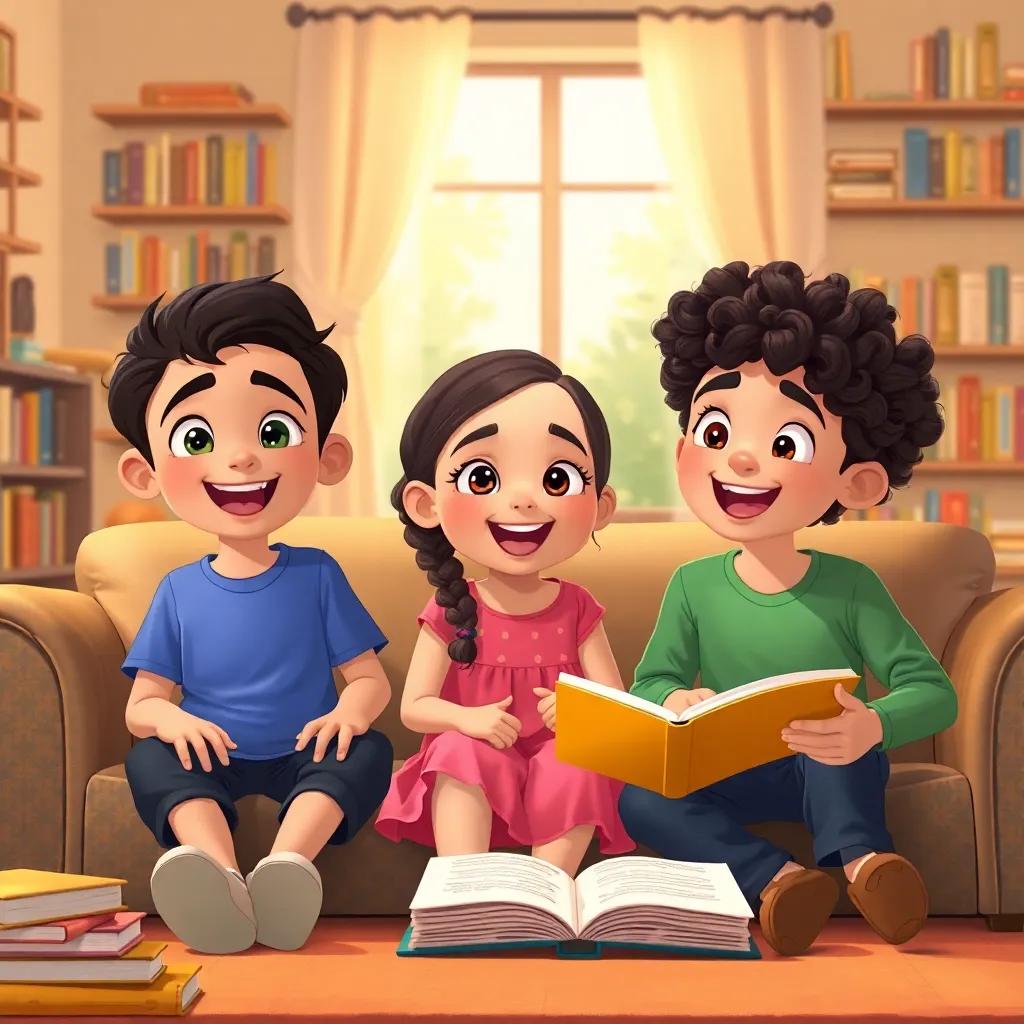 Three children, Sami, a young Arab boy with dark hair wearing a blue t-shirt, Leila, a young Arab girl with braided hair wearing a pink dress, and Ahmed, a young Arab boy with curly hair in a green shirt, sitting on a couch in a cozy living room filled with books, smiling and excited, illustrating curiosity and joy, warm lighting, inviting atmosphere