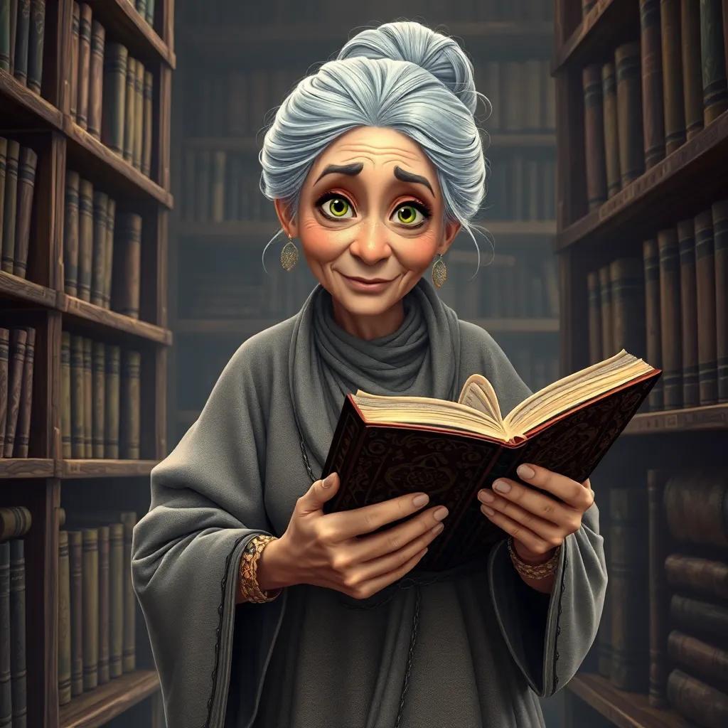An elderly Arab woman, the grandmother, with silver hair tied in a bun, wearing a traditional long dress, holding a thick, ornate book with magical designs, her eyes sparkling with mystery, surrounded by old bookshelves, detailed, magical, storytelling mood