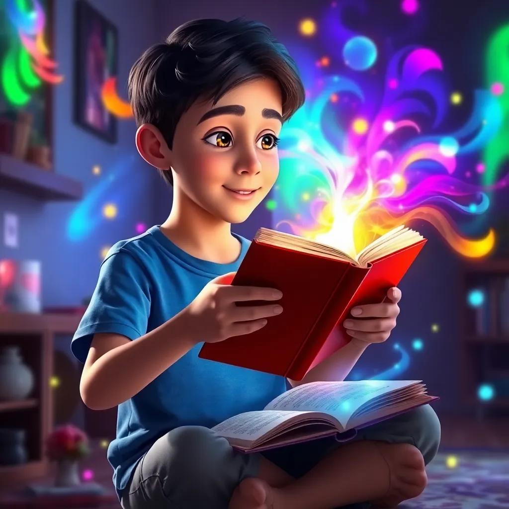 Sami, a young Arab boy with dark hair wearing a blue t-shirt, reading from a thick book while colorful light swirls around him, the room transforming with vibrant colors, suggesting magic, whimsical artwork, bright and lively colors